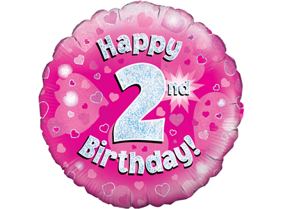 18"/ 46cm PINK HOLOGRAPHIC 2ND BIRTHDAY ROUND FOIL BALLOON
