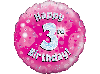 18"/ 46cm PINK HAPPY 3RD BIRTHDAY ROUND FOIL BALLOON
