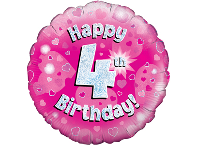 18"/ 46cm PINK HOLOGRAPHIC 4TH BIRTHDAY ROUND FOIL BALLOON