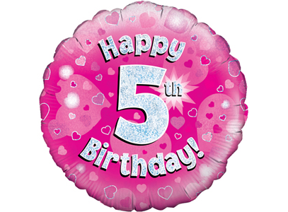 18"/ 46cm PINK HOLOGRAPHIC 5TH BIRTHDAY ROUND FOIL BALLOON