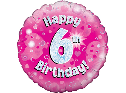 18"/ 46cm PINK HOLOGRAPHIC 6TH BIRTHDAY ROUND FOIL BALLOON
