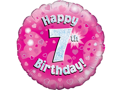 18"/ 46cm PINK HOLOGRAPHIC 7TH BIRTHDAY ROUND FOIL BALLOON