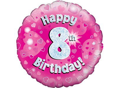 18"/ 46cm PINK HOLOGRAPHIC 8TH BIRTHDAY ROUND FOIL BALLOON