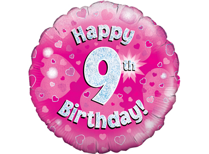 18"/ 46cm PINK HOLOGRAPHIC 9TH BIRTHDAY ROUND FOIL BALLOON