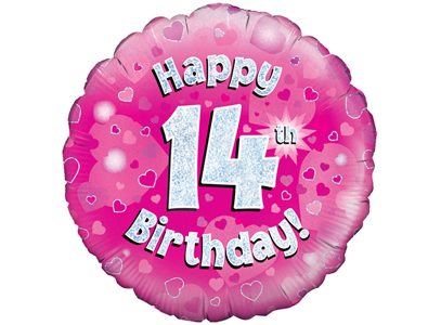18"/ 46cm PINK HOLOGRAPHIC 14TH BIRTHDAY ROUND FOIL BALLOON