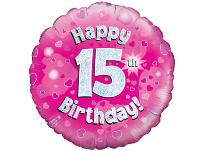 18"/ 46cm PINK HOLOGRAPHIC 15TH BIRTHDAY ROUND FOIL BALLOON