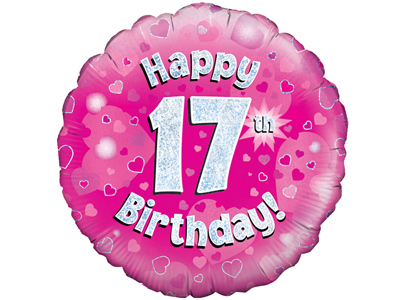 18"/ 46cm PINK HOLOGRAPHIC 17TH BIRTHDAY ROUND FOIL BALLOON