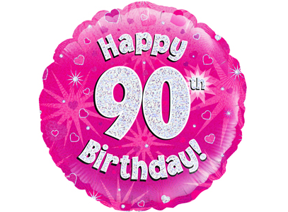 18"/ 46cm PINK HOLOGRAPHIC HAPPY 90TH BIRTHDAY ROUND FOIL BALLOON