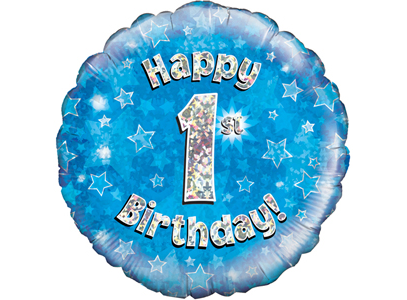 18"/ 46cm BLUE HOLOGRAPHIC 1ST BIRTHDAY ROUND FOIL BALLOON