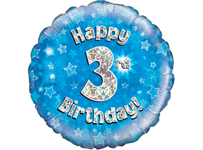 18"/ 46cm BLUE HOLOGRAPHIC 3RD BIRTHDAY ROUND FOIL BALLOON