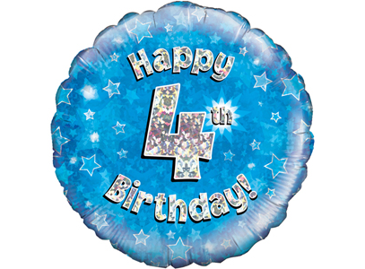 18"/ 46cm BLUE HOLOGRAPHIC 4TH BIRTHDAY ROUND FOIL BALLOON