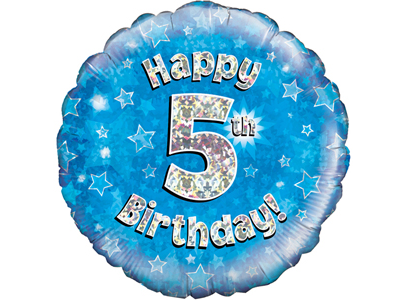 18"/ 46cm BLUE HOLOGRAPHIC 5TH BIRTHDAY ROUND FOIL BALLOON