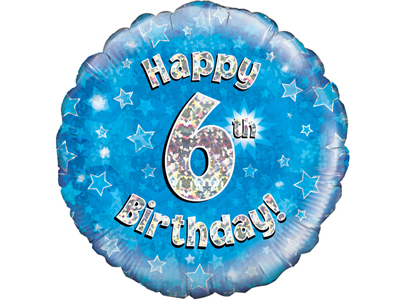 18"/ 46cm BLUE HOLOGRAPHIC 6TH BIRTHDAY ROUND FOIL BALLOON