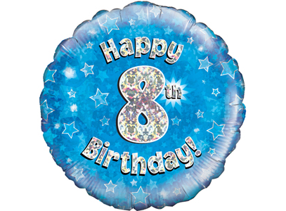 18"/ 46cm BLUE HOLOGRAPHIC 8TH BIRTHDAY ROUND FOIL BALLOON