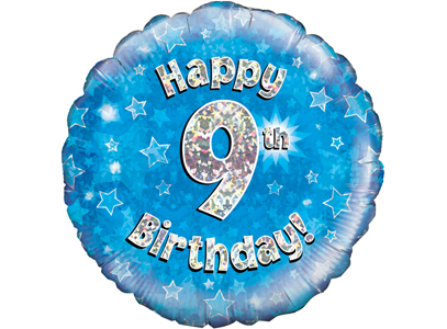 18"/ 46cm BLUE HOLOGRAPHIC 9TH BIRTHDAY ROUND FOIL BALLOON