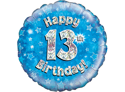 18"/ 46cm BLUE HOLOGRAPHIC 13TH BIRTHDAY ROUND FOIL BALLOON