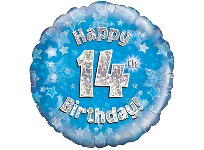 18"/ 46cm BLUE HOLOGRAPHIC 14TH BIRTHDAY ROUND FOIL BALLOON