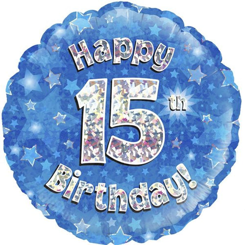 18"/ 46cm  BLUE HOLOGRAPHIC HAPPY 15TH BIRTHDAY ROUND FOIL BALLOON