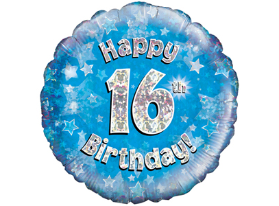 18"/ 46cm BLUE HOLOGRAPHIC 16TH BIRTHDAY ROUND FOIL BALLOON