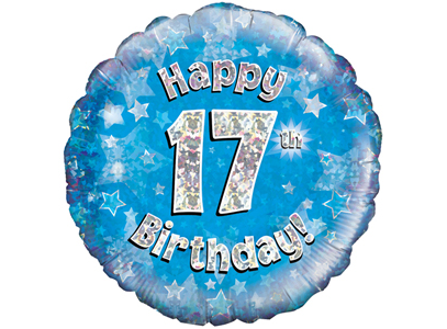 18"/ 46cm BLUE HOLOGRAPHIC 17TH BIRTHDAY ROUND FOIL BALLOON