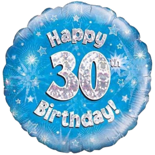18"/ 46cm  BLUE HOLOGRAPHIC HAPPY 30TH BIRTHDAY ROUND FOIL BALLOON