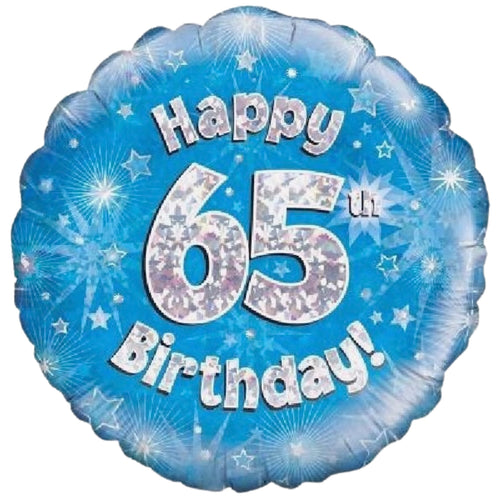 18"/ 46cm BLUE HOLOGRAPHIC 65TH BIRTHDAY ROUND FOIL BALLOON