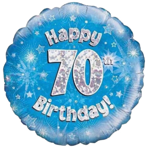 18"/ 46cm BLUE HOLOGRAPHIC HAPPY 70TH BIRTHDAY ROUND FOIL BALLOON