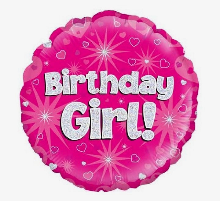 18"/ 46cm BIRTHDAY GIRL! PINK & SILVER HOLOGRAPHIC ROUND FOIL BALLOON