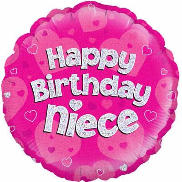 18"/ 46cm HAPPY BIRTHDAY NIECE PINK HOLOGRAPHIC ROUND FOIL BALLOON