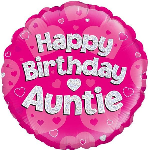 18"/ 46cm HAPPY BIRTHDAY AUNTIE PINK HOLOGRAPHIC ROUND FOIL BALLOON