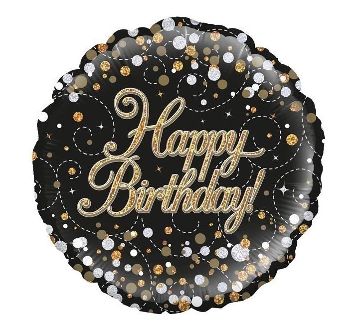 18"/ 46cm HAPPY BIRTHDAY! BLACK & GOLD FIZZ ROUND FOIL BALLOON