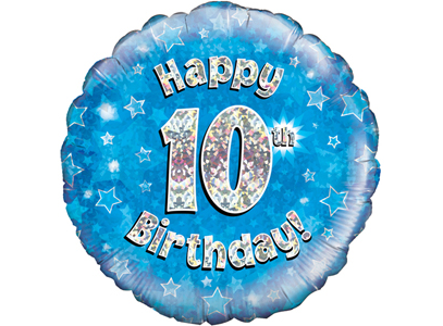 18"/ 46cm BLUE HOLOGRAPHIC 10TH BIRTHDAY ROUND FOIL BALLOON