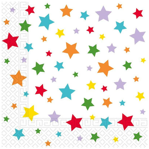 MULTICOLOUR BRIGHT STARS PAPER NAPKINS (17cm - 20 PACK)