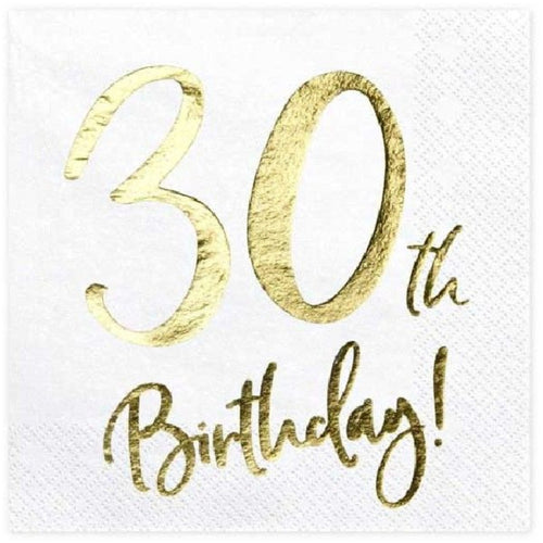 30TH GOLD FOIL ON WHITE NAPKINS (17cm - 20 PACK)
