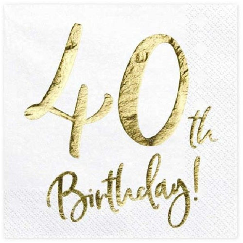 40TH GOLD FOIL ON WHITE NAPKINS (17cm - 20 PACK)