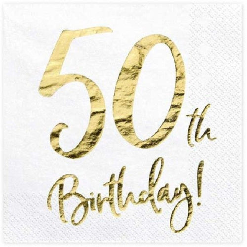 50TH GOLD FOIL ON WHITE NAPKINS (17cm - 20 PACK)