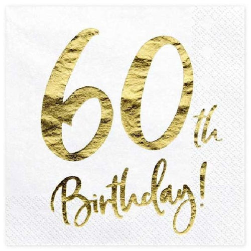 60TH GOLD FOIL ON WHITE NAPKINS (17cm - 20 PACK)