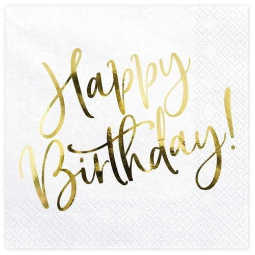 GOLD FOIL WHITE HAPPY BIRTHDAY NAPKINS (17cm - 20 PACK)