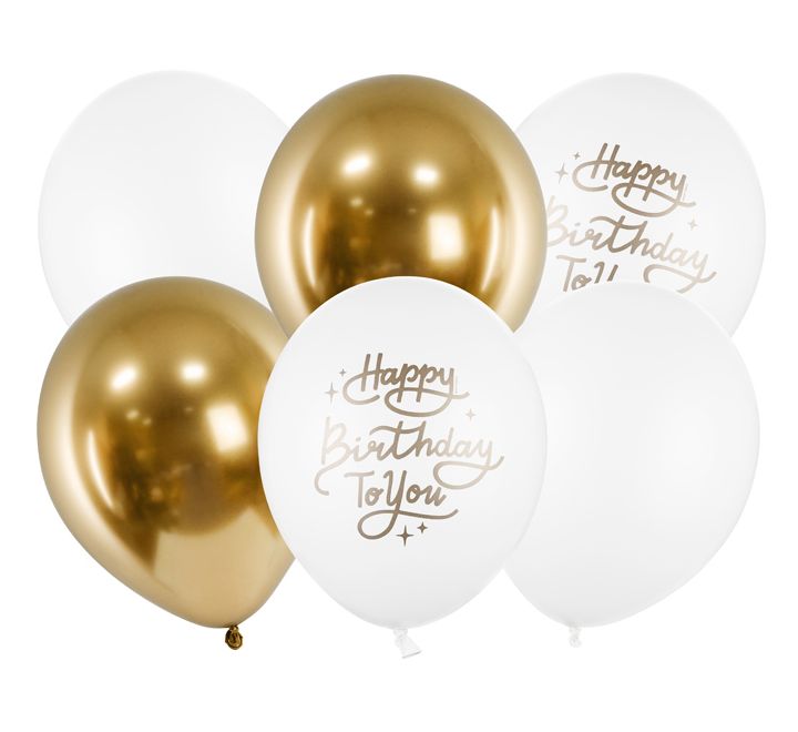 12"/ 30cm WHITE & GOLD HAPPY BIRTHDAY 6 PACK LATEX BALLOONS
