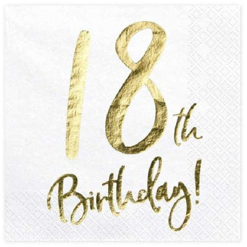 18TH GOLD FOIL ON WHITE NAPKINS (17cm - 20 PACK)
