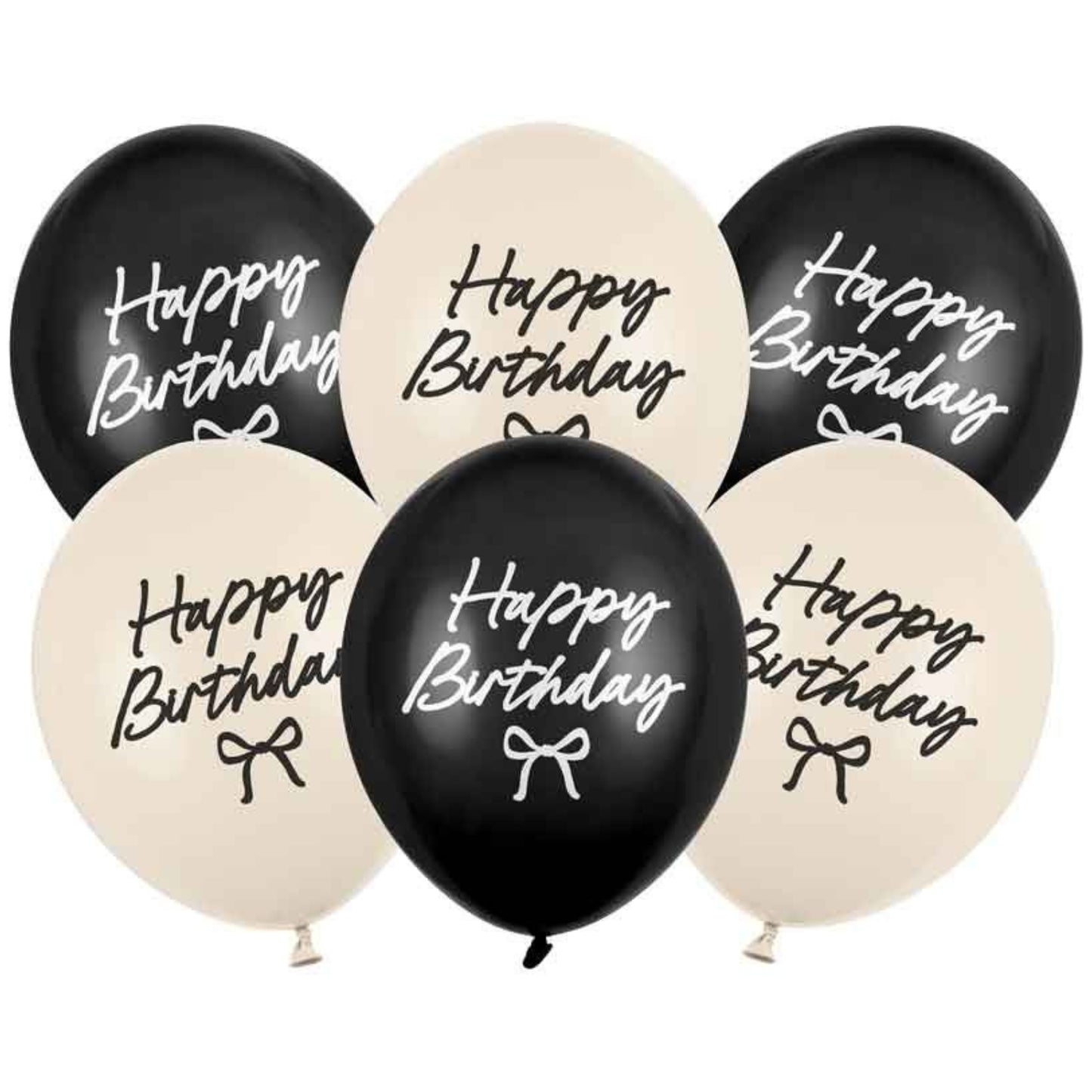 12"/ 30cm CREAM AND BLACK HAPPY BIRTHDAY WITH BOWS LATEX BALLOONS (6 PACK)