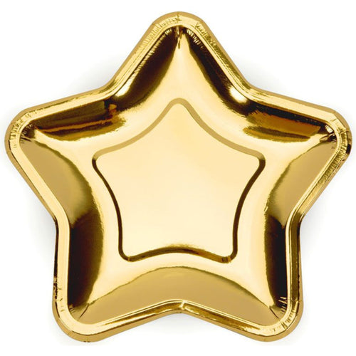 SHINY GOLD STAR SHAPED PLATES (18cm - 6 PACK)