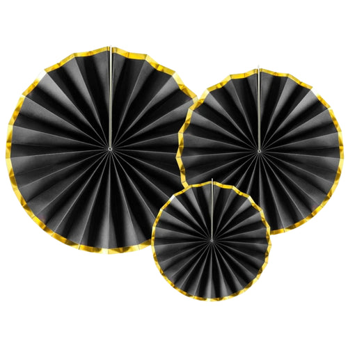 3 x BLACK PAPER FANS WITH GOLD TRIM (23cm to 40cm)