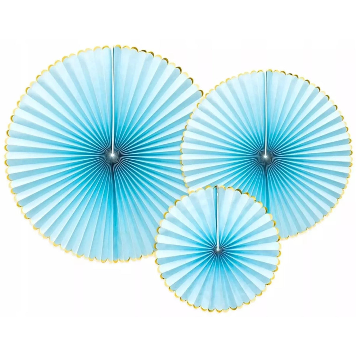 3 x PASTEL BLUE PAPER FANS WITH GOLD TRIM (23cm to 40cm)