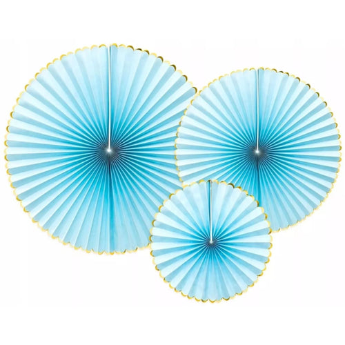 3 x PASTEL BLUE PAPER FANS WITH GOLD TRIM (23cm to 40cm)