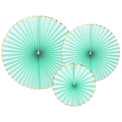 3 x MINT GREEN PAPER FANS WITH GOLD TRIM (23cm to 40cm)