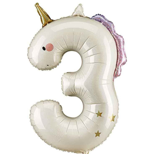 37"/ 94cm UNICORN SHAPED GIANT NUMBER '3' FOIL BALLOON