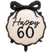 18"/ 46cm CREAM WITH BLACK BOW HAPPY 60TH BIRTHDAY ROUND FOIL BALLOON
