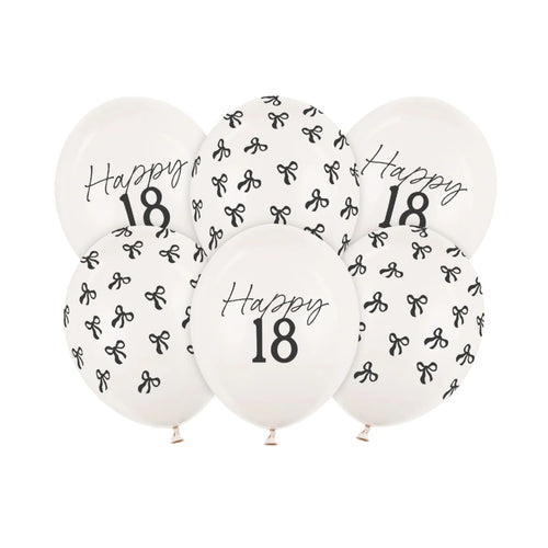 12"/ 30cm BLACK BOW 'HAPPY 18' 6 PACK LATEX BALLOONS