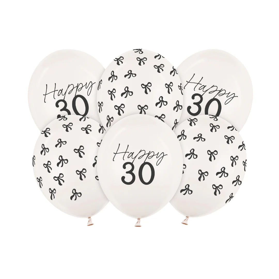 12"/ 30cm BLACK BOW 'HAPPY 30' 6 PACK LATEX BALLOONS